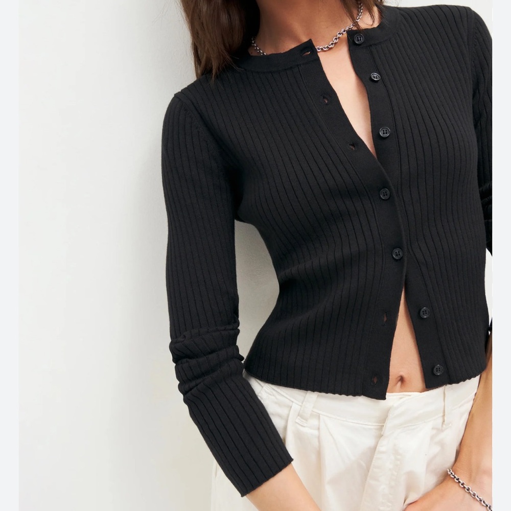 Reformation Joanne Black Ribbed Cotton Cardigan